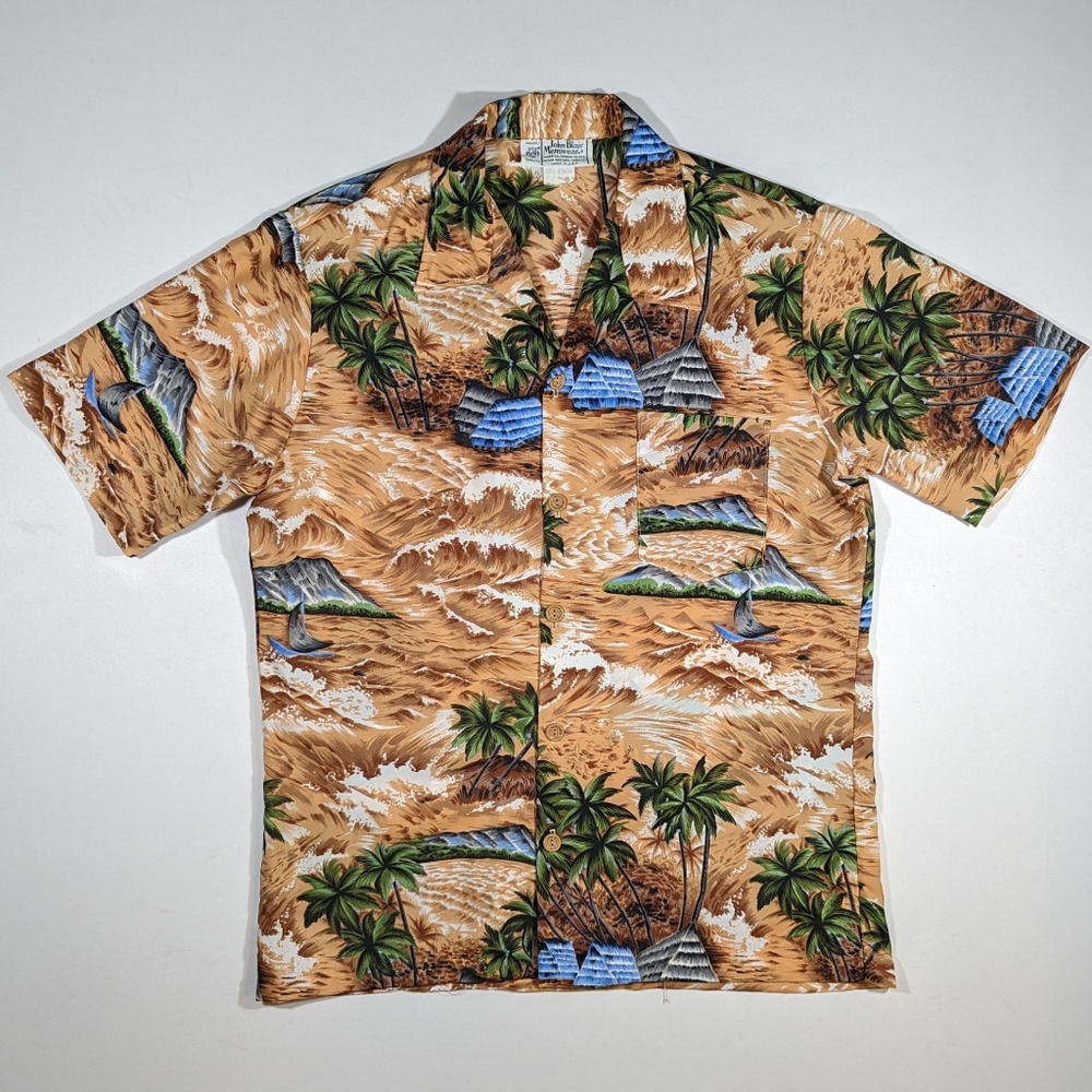 Vintage John Blair Menswear Hawaiian Shirt Men's Size Medium Ocean Palm Tree 90s
